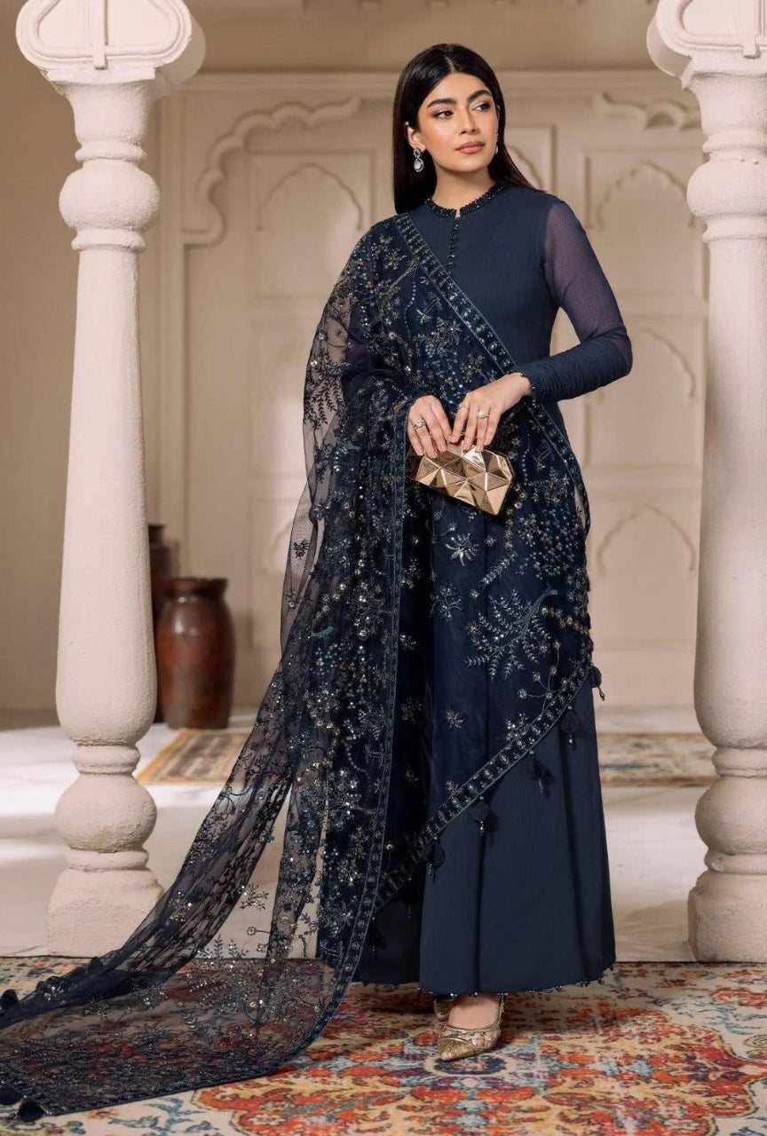 Premium Chiffon Unstitched with Net Dupatta & Satin Silk Trouser