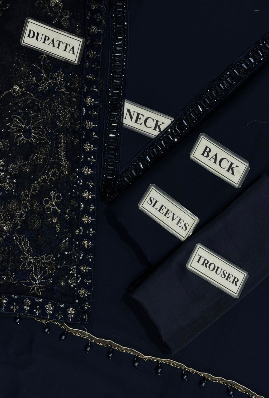 Premium Chiffon Unstitched with Net Dupatta & Satin Silk Trouser