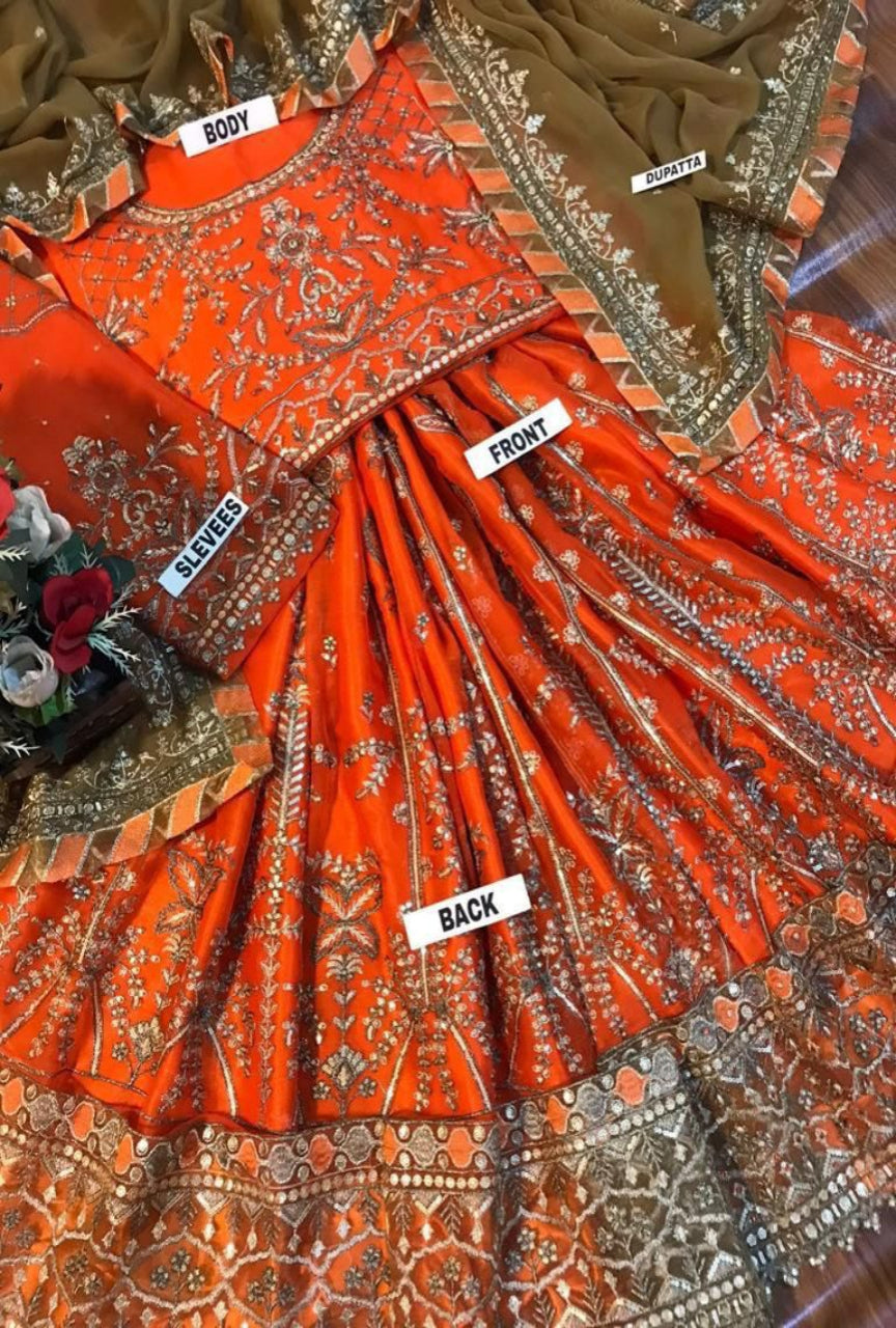 Chiffon Embroidered Frock – 3Pc (With Heavy Handwork & Satin Silk Trouser)