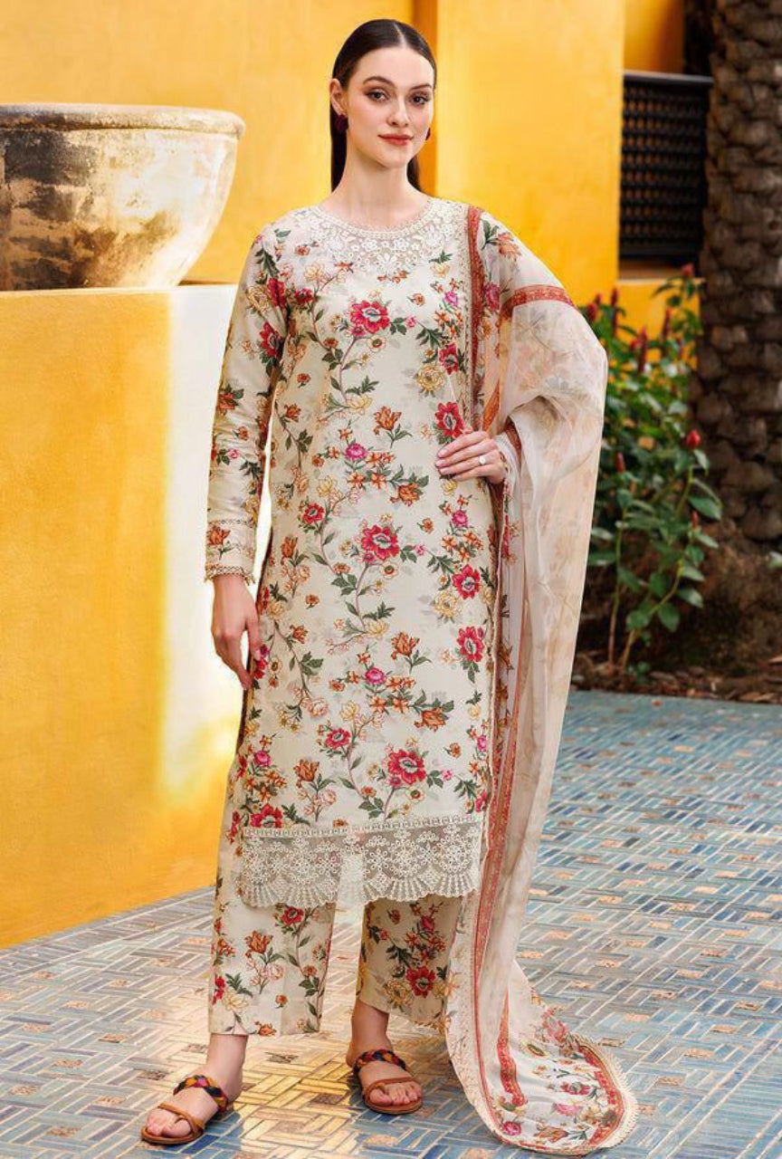 Premium Khaddar Digital Printed Suit with Heavy Embroidered Organza Patches