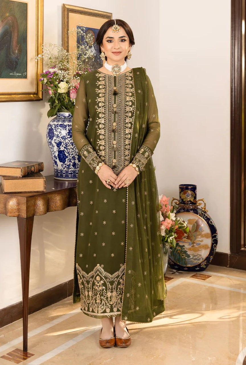 Luxury Heavy Embroidered Chiffon 3PC Suit with Silk Trouser