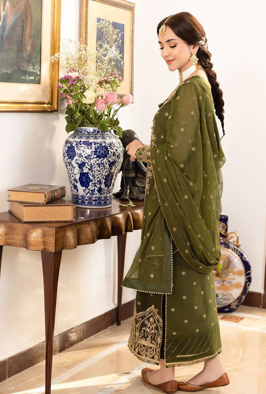 Luxury Heavy Embroidered Chiffon 3PC Suit with Silk Trouser