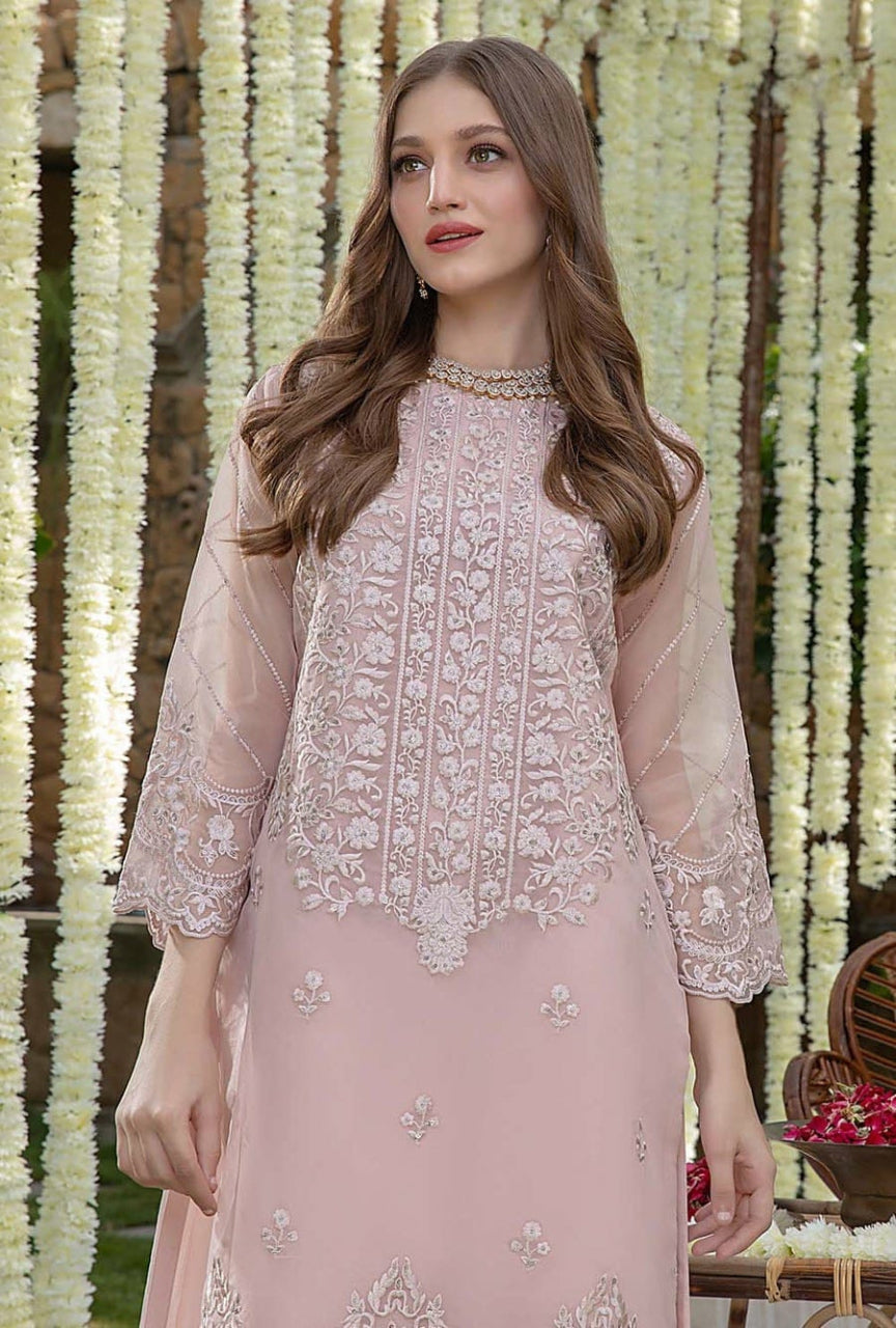 Elegant Organza Embroidered Suit With Satin Silk Trouser