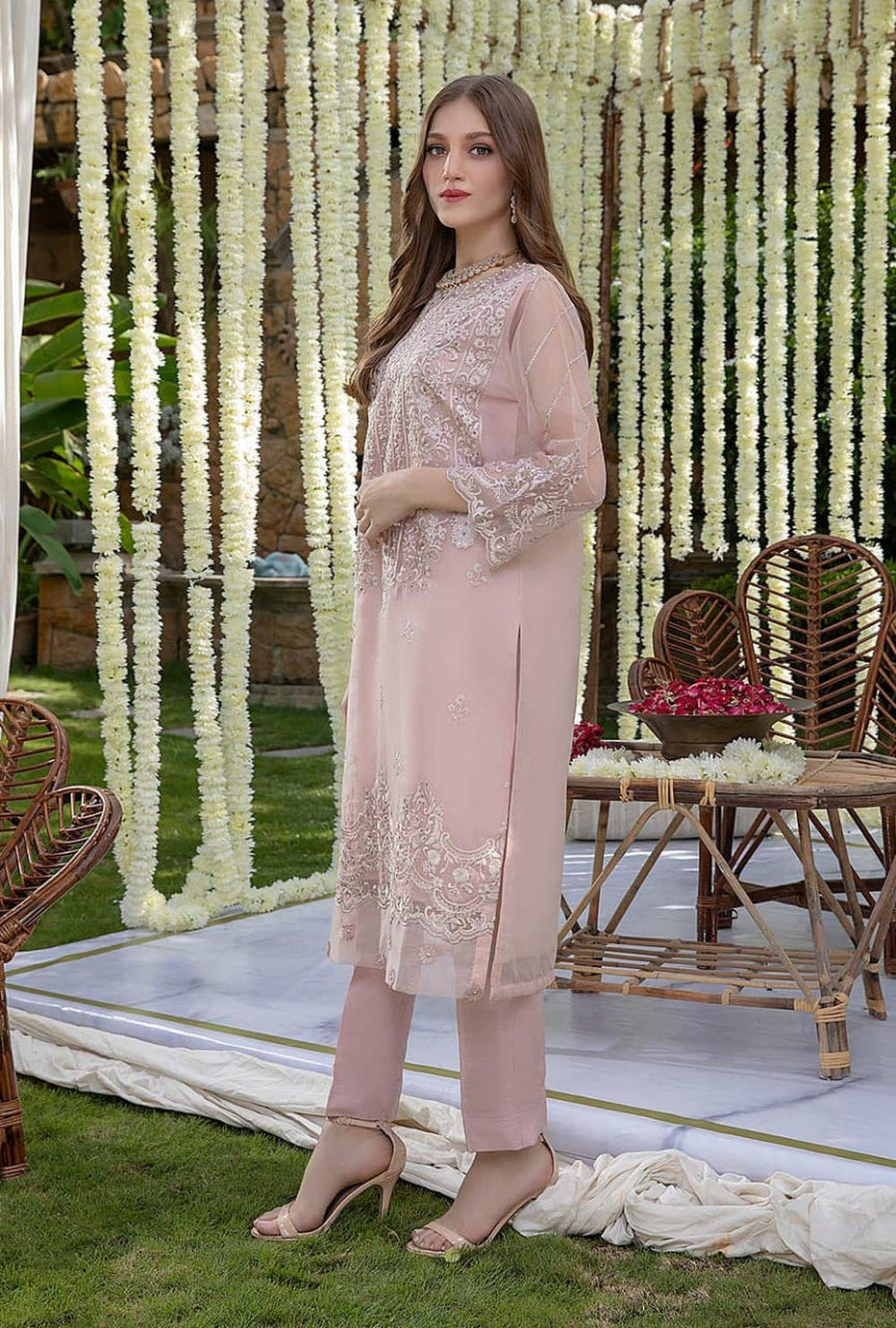 Elegant Organza Embroidered Suit With Satin Silk Trouser