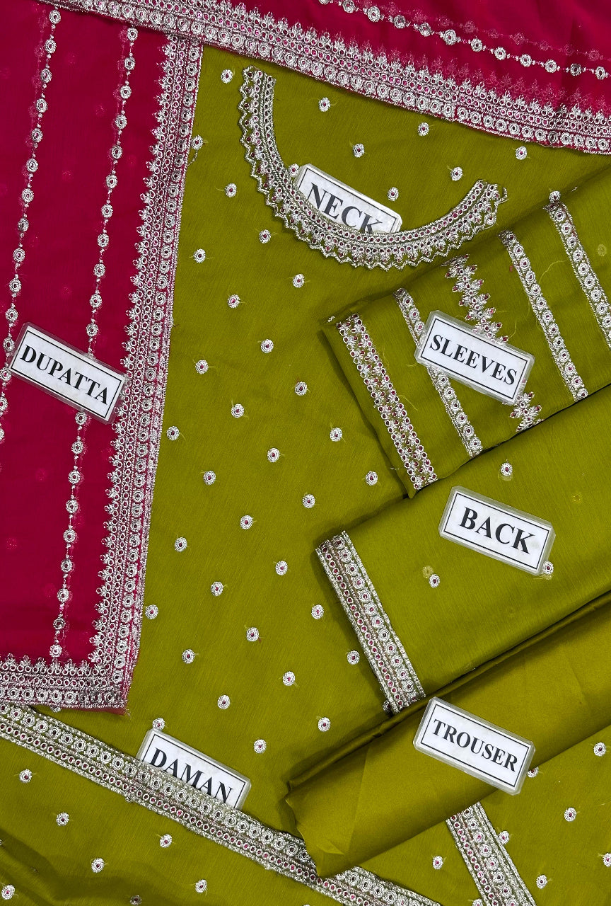 Unstitched Chiffon Suit with Sequence Work & Malai Trouser