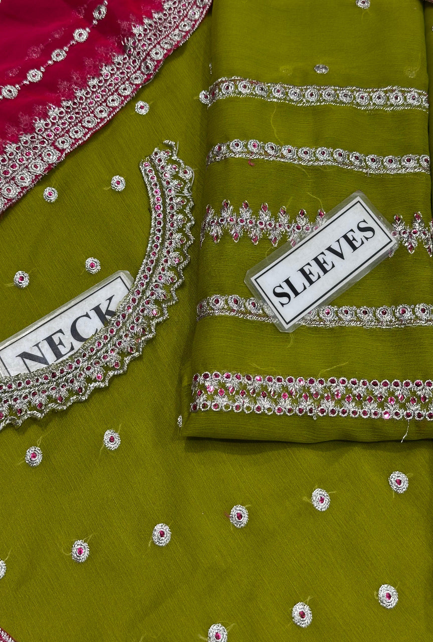 Unstitched Chiffon Suit with Sequence Work & Malai Trouser