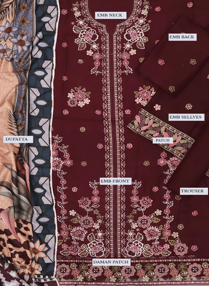 Luxury Embroidered 3-Piece Ensemble with Digital Print Wool Shawl & Dhanak Trouser