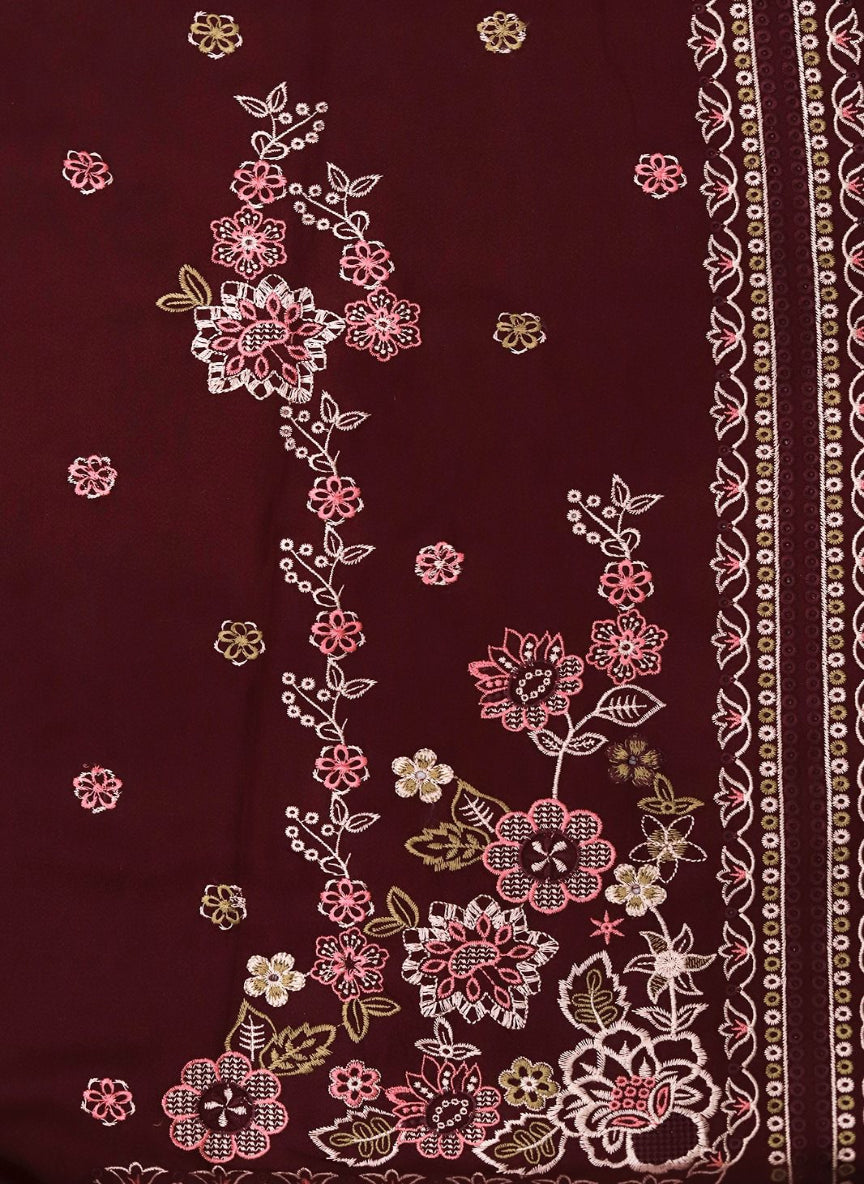 Luxury Embroidered 3-Piece Ensemble with Digital Print Wool Shawl & Dhanak Trouser