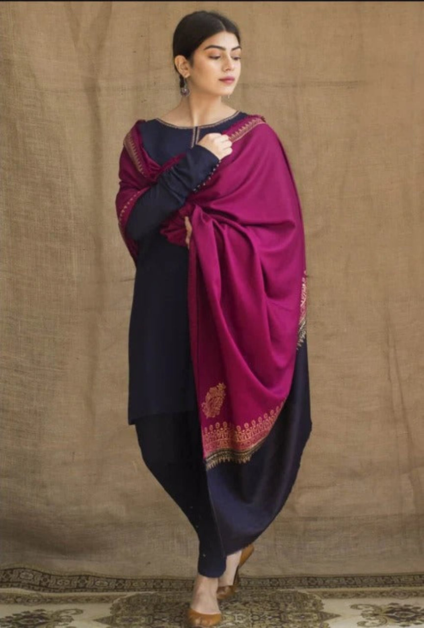 3 Piece Unstitched Heavy Embroidered Dhanak Suit  Printed Woolen dupatta