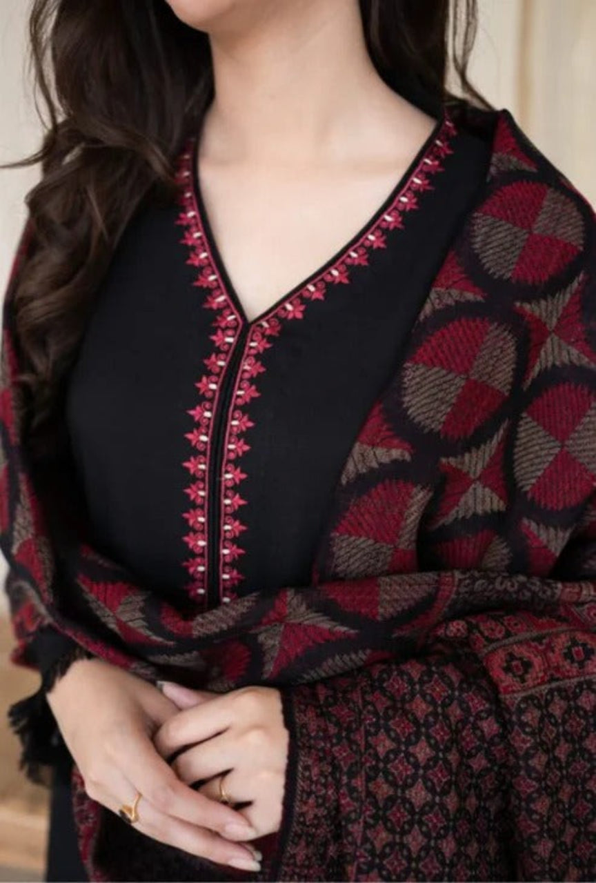 3 Piece Unstitched Embroidered Dhanak Suit ( Printed Woolen Shawl )