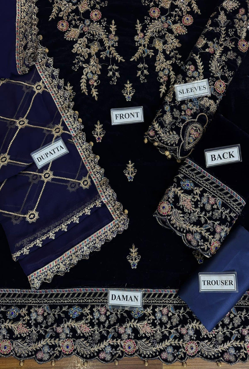 Velvet Unstitched – Elegant Embroidered 3-Piece Suit