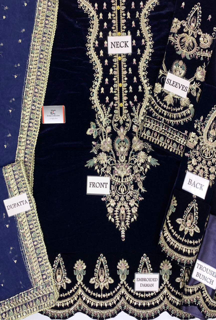 Velvet Embroidered 3-Piece Suit with Net Dupatta
