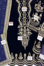 Velvet Embroidered 3-Piece Suit with Net Dupatta