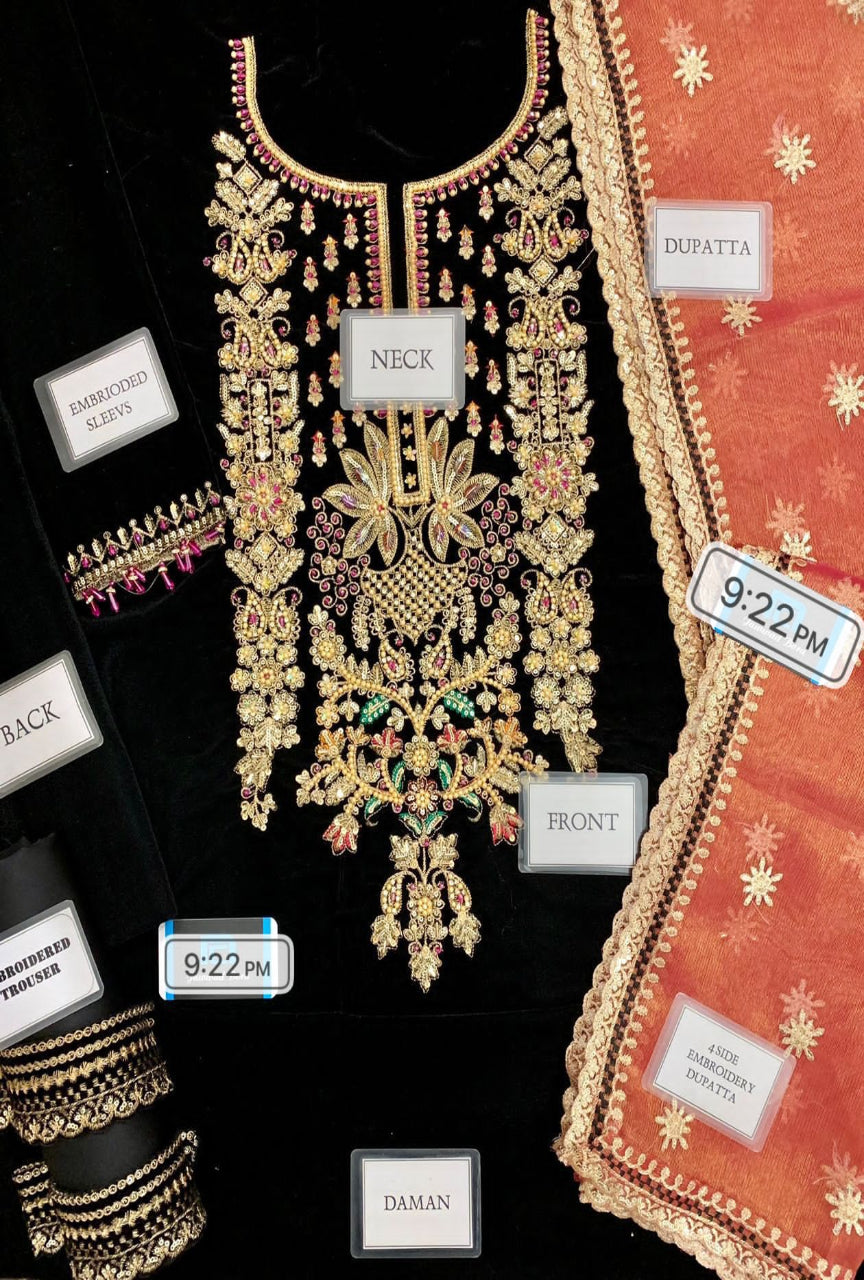 Luxury Velvet Embroidered Suit with Adda Work, Tassel Daman & Double-Shaded Dupatta