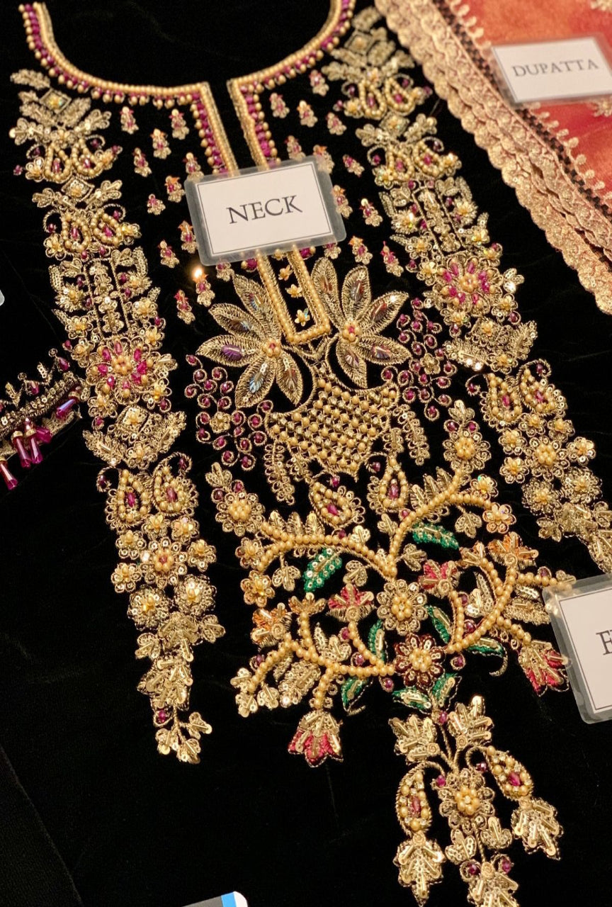 Luxury Velvet Embroidered Suit with Adda Work, Tassel Daman & Double-Shaded Dupatta