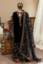 3 Piece Unstitched Heavy Embroidered Velvet Suit ( Four Sided Embroidered Organza Dupatta )