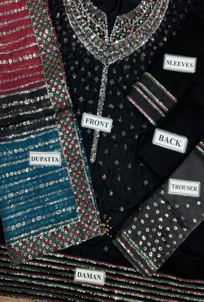 3 Piece Unstitched Heavy Embroidered Velvet Suit with Heavy Embroidered Chiffon Dupatta