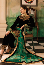 Unstitched 3 PEC Heavy Embroidered Velvet Suit With Four Sided Embroidered Organza Dupatta