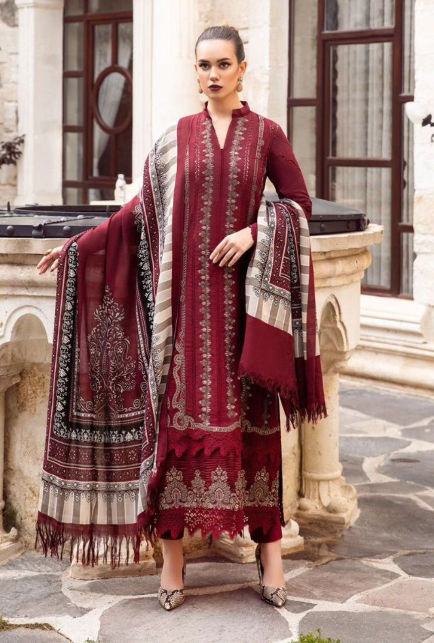 3 Piece Unstitched Heavy Embroidered Dhanak Suit with Dhanak Printed Wool Shawl