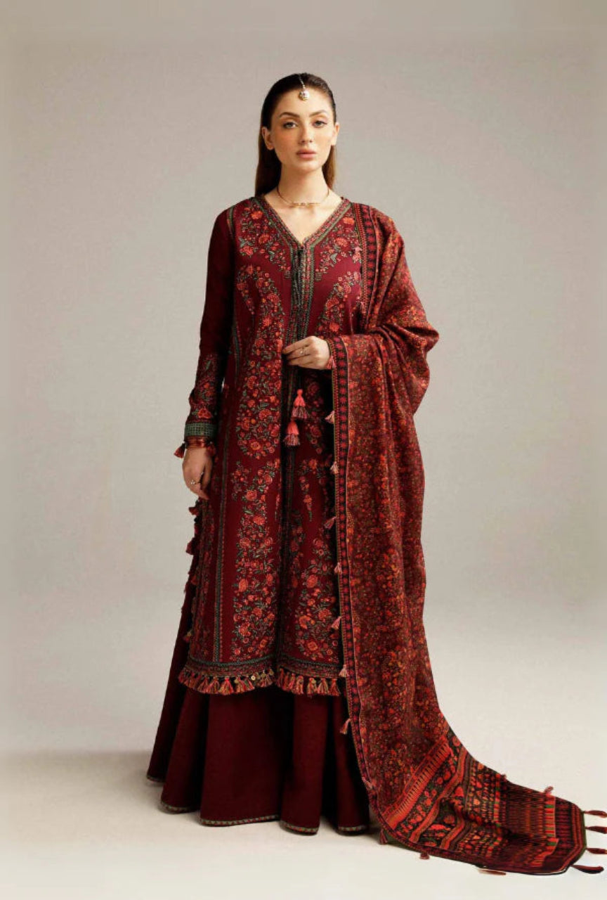 3 Piece Unstitched Heavy Embroidered Dhanak Suit with Wool Shawl