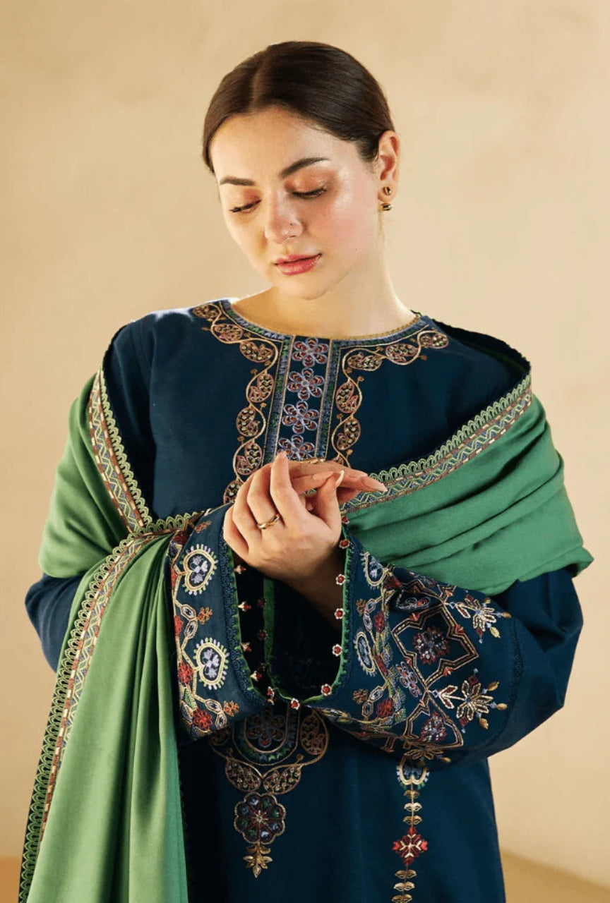 3 Piece Unstitched Heavy Embroidered Dhanak Suit ( Dhanak Printed Wool Shawl )