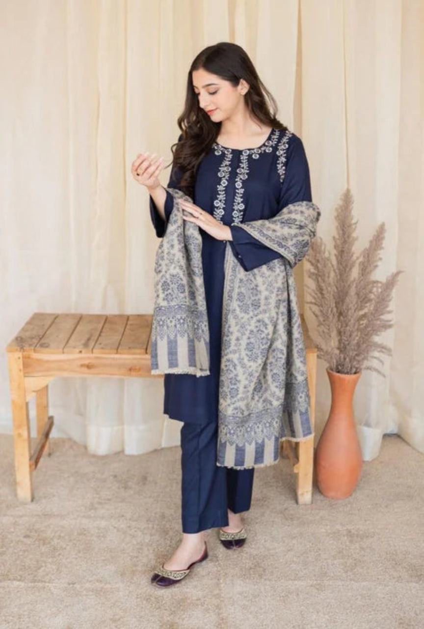3 Piece Unstitched Embroidered Dhanak Suit  Printed Woolen Shawl