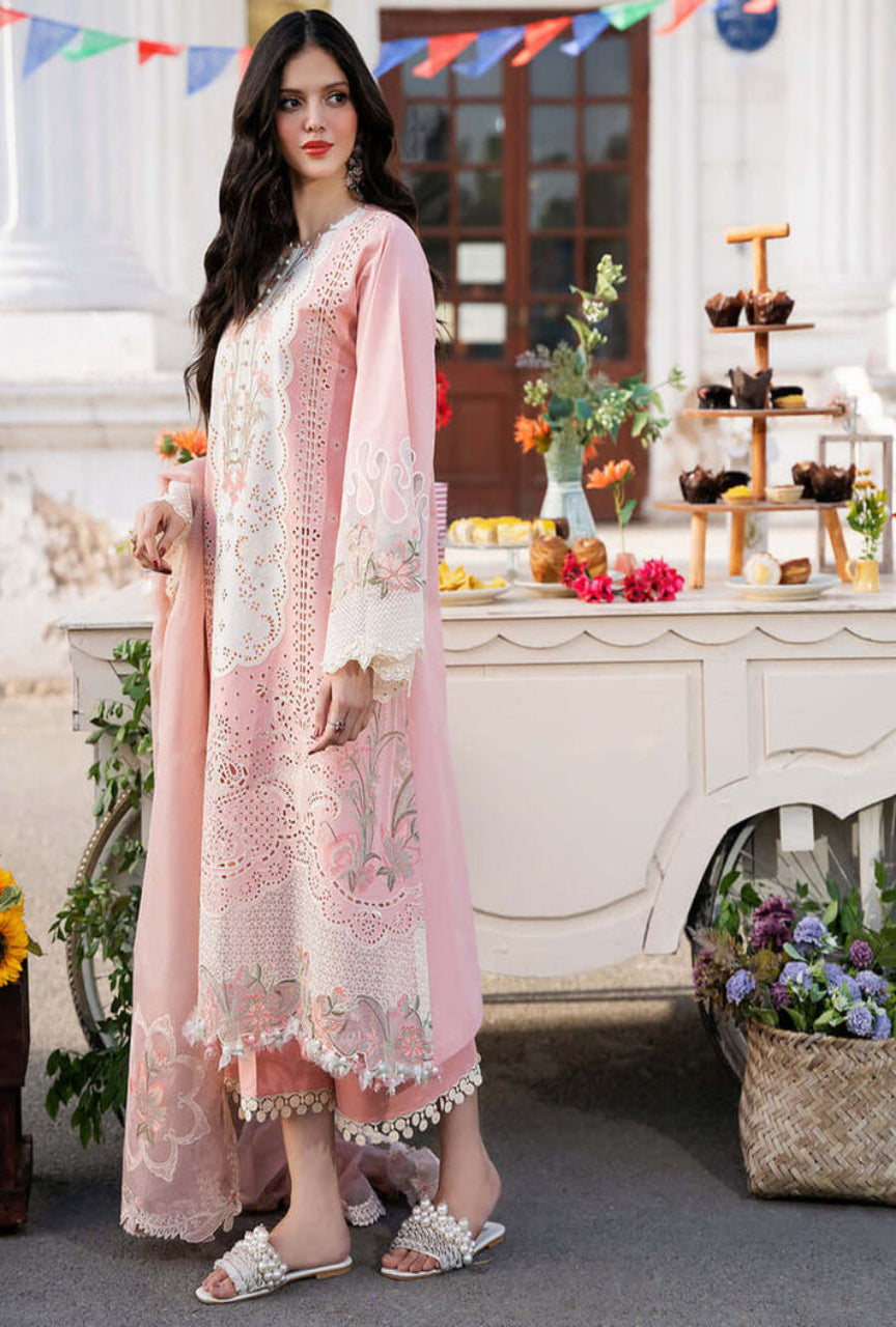Unstitched chicken Kari 3 Piece pure Lawn Dress Fully Embroidered With Heavy Embroidered Organza Dupatta