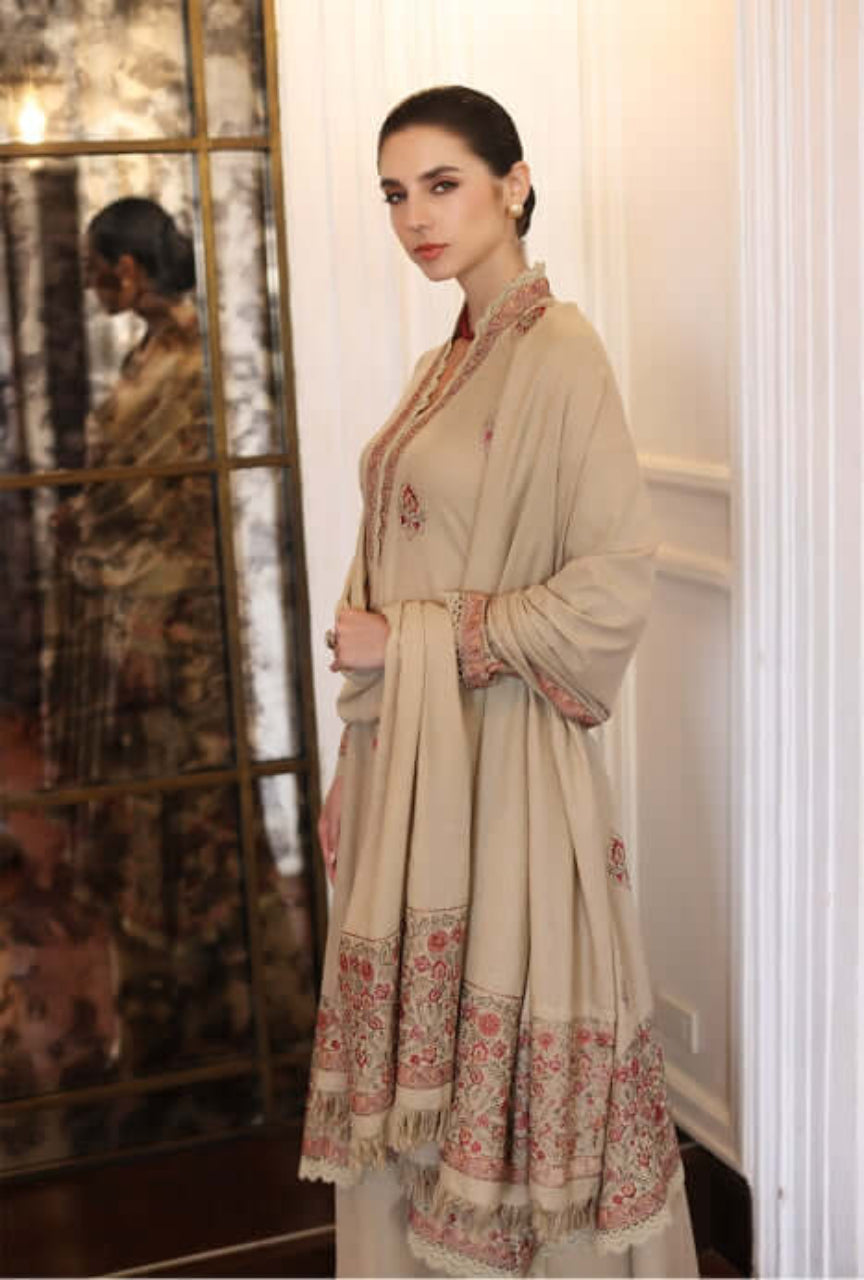 Unstitched Heavy Embroidered Dhanak Suit 3 PEC with Embroidered Dhanak Shawl