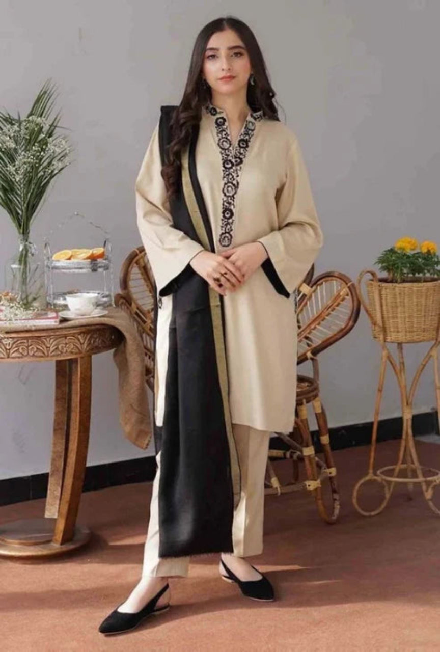 3 Piece Unstitched Embroidered Dhanak Suit with Dhanak Wool shawl