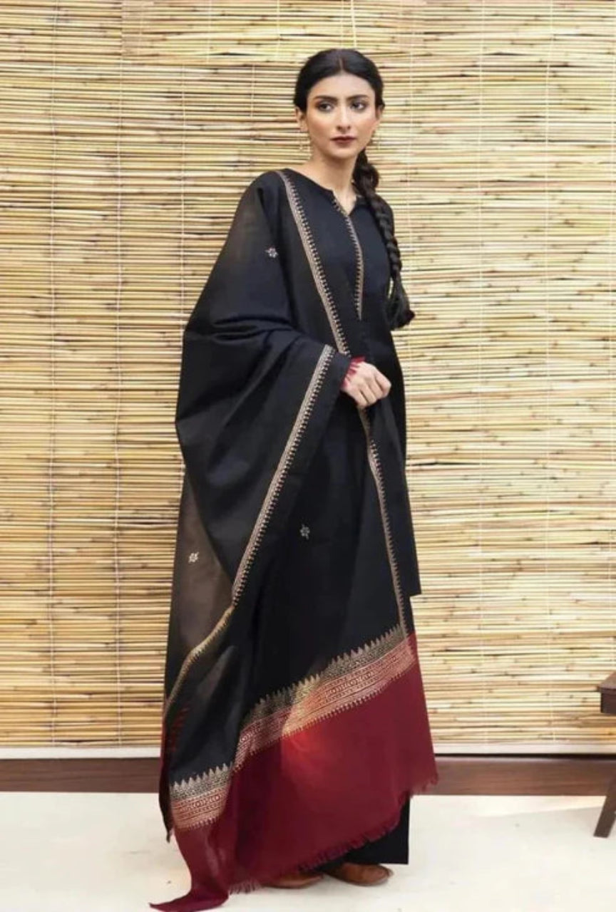 Unstitched Heavy Embroidered Dhanak Suit 3 piece-with Wool Shawl