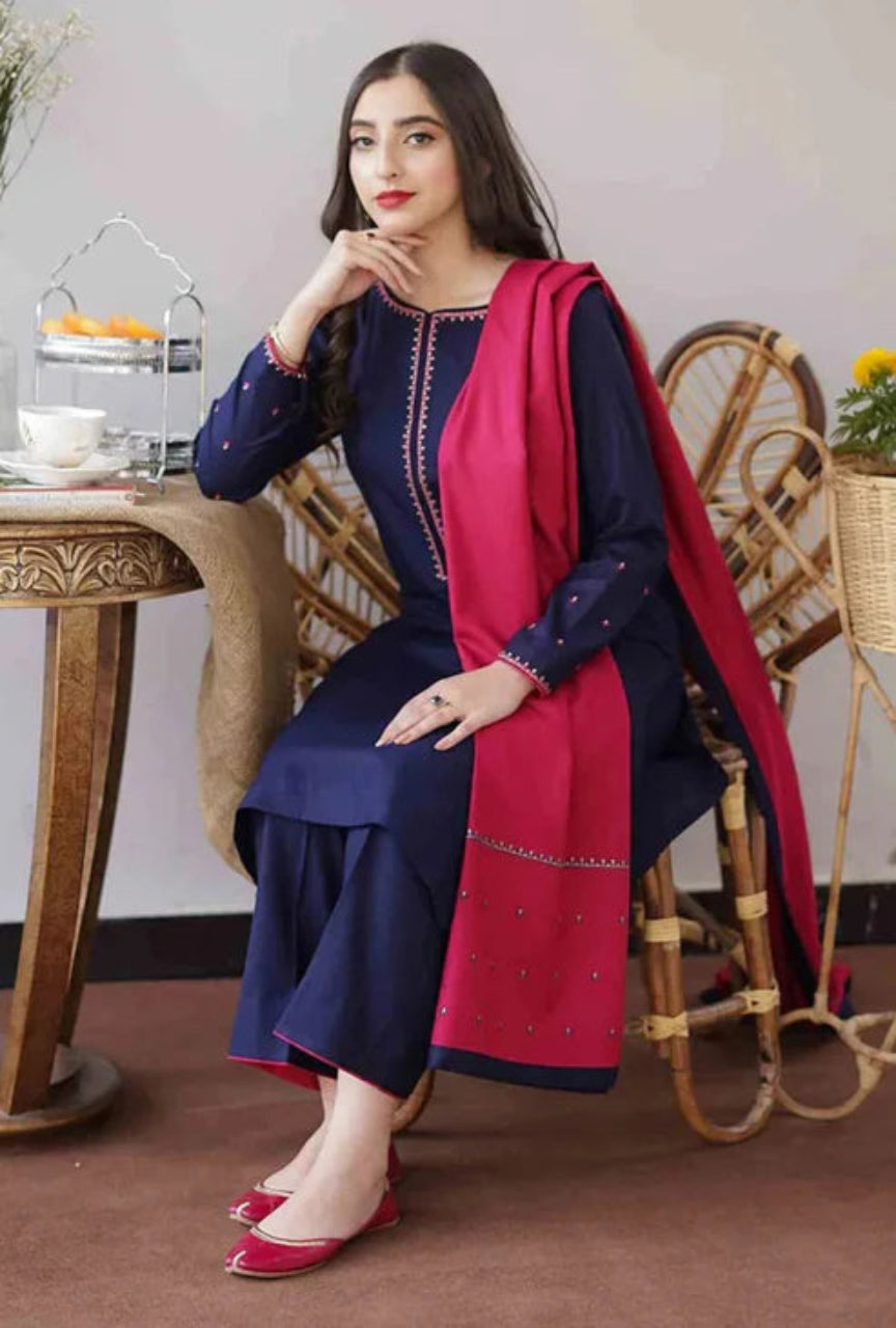 3 Piece Unstitched Heavy Emb Dhanak Suit with Emb Dhanak Wool Shawl