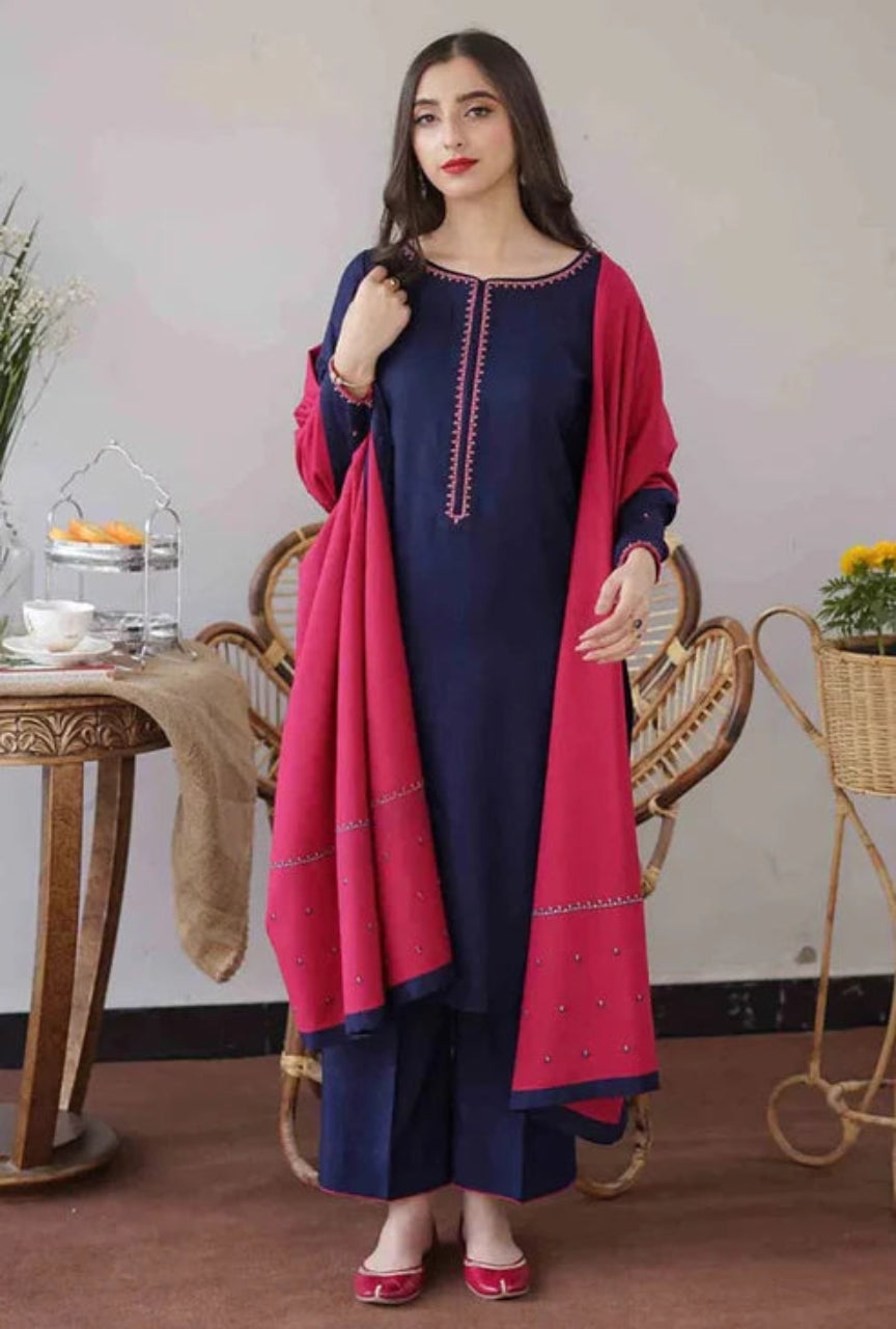 3 Piece Unstitched Heavy Emb Dhanak Suit with Emb Dhanak Wool Shawl