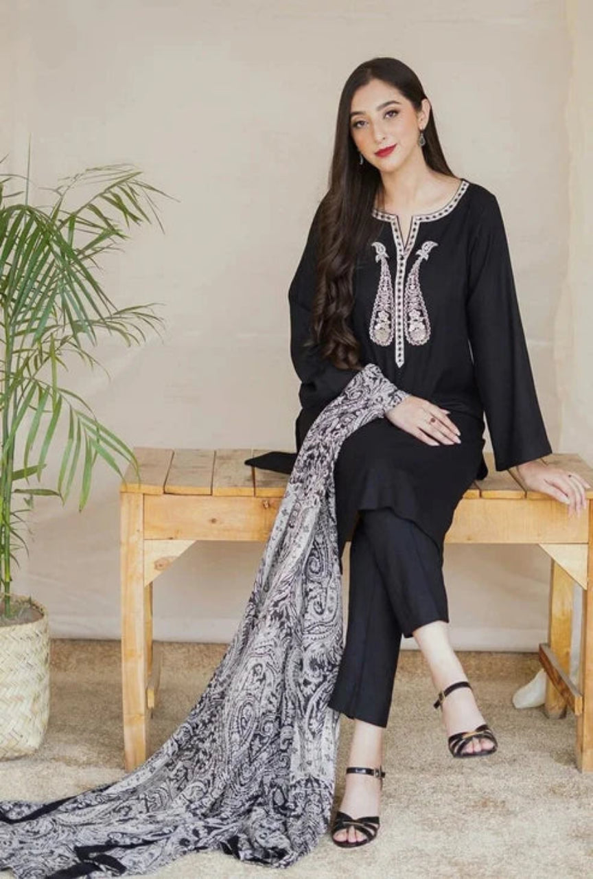 Dhanak Stuff Embroided Dress 3 PEC With Printed Woolen Shawl