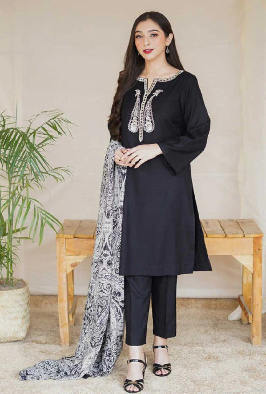 Dhanak Stuff Embroided Dress 3 PEC With Printed Woolen Shawl