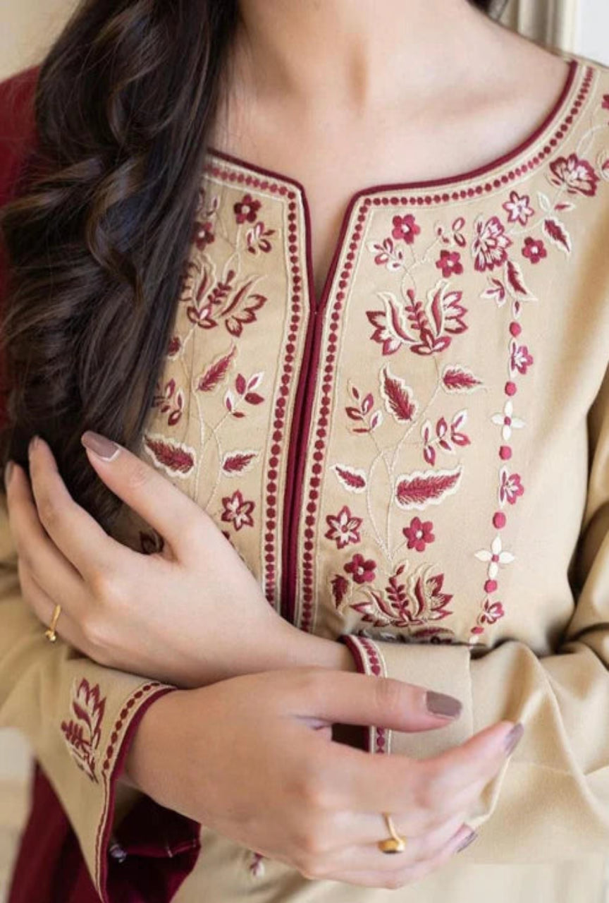 Dhanak Stuff 3 PEC Embroided Dress With Embroidered Dhanak Shawl