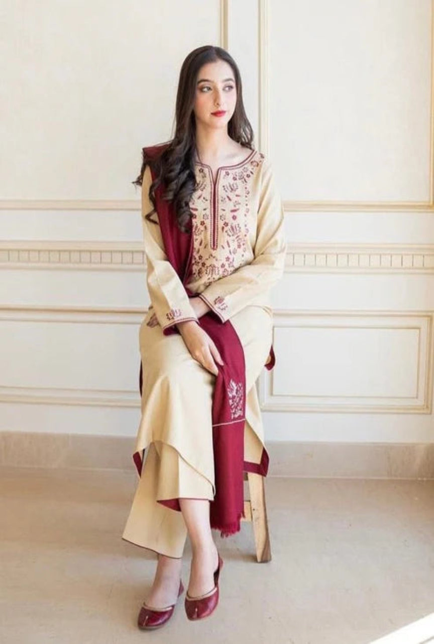 Dhanak Stuff 3 PEC Embroided Dress With Embroidered Dhanak Shawl