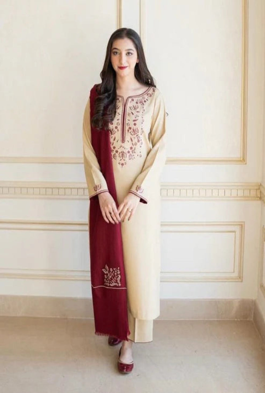Dhanak Stuff 3 PEC Embroided Dress With Embroidered Dhanak Shawl