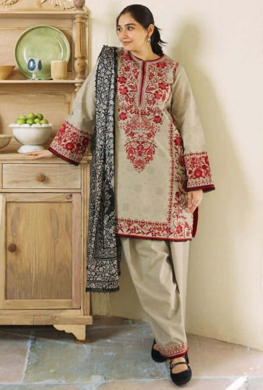 Unstitched Embroidered Dhanak Suit 3 PEC with Printed Woolen Shawl