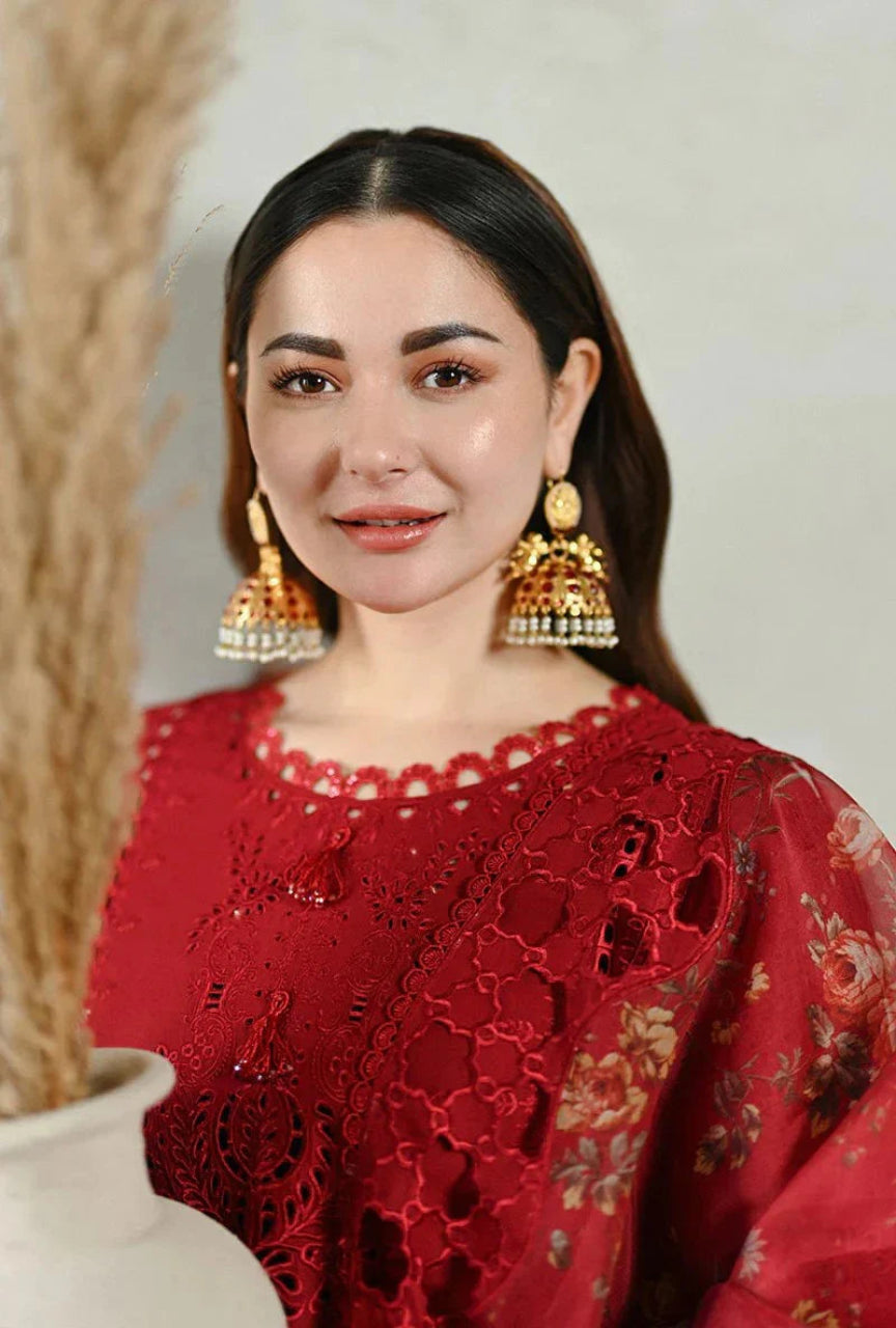 Women unstitched-3PC Embroidered Lawn Shirt with Embroidered Organza Dupatta