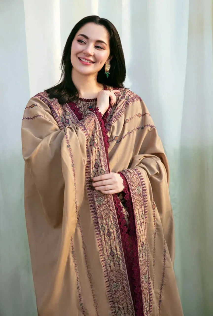 Unstitched 3 Piece Fully Embroidered Dhanak Suit with Embroidered Dhanak Shawl