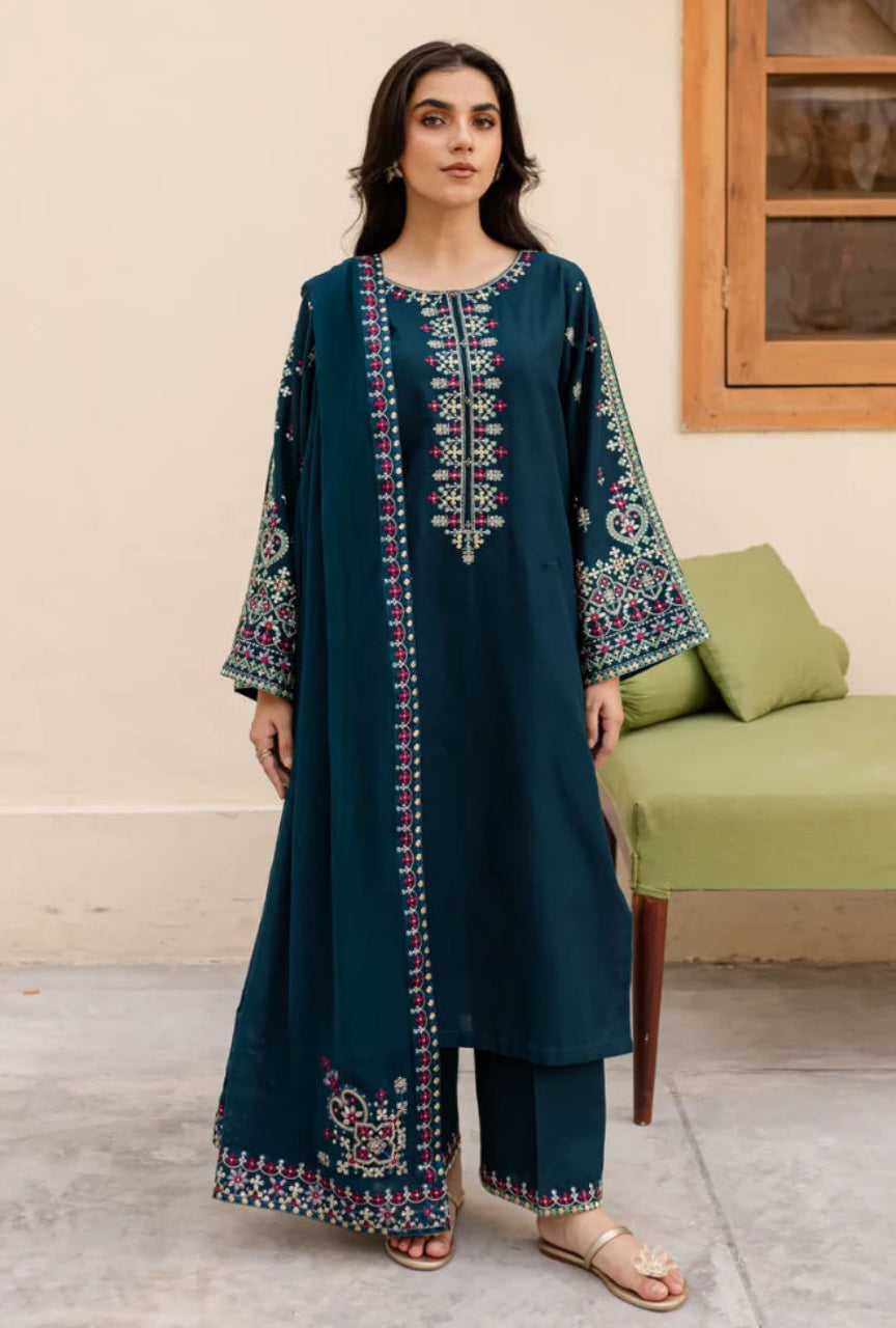 Unstitched 3 Piece Embroidered Dhanak Suit with Embroidered Dhanak Shawl