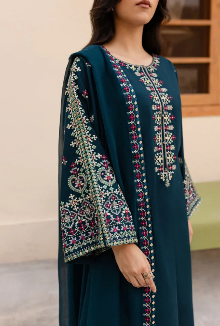 Unstitched 3 Piece Embroidered Dhanak Suit with Embroidered Dhanak Shawl