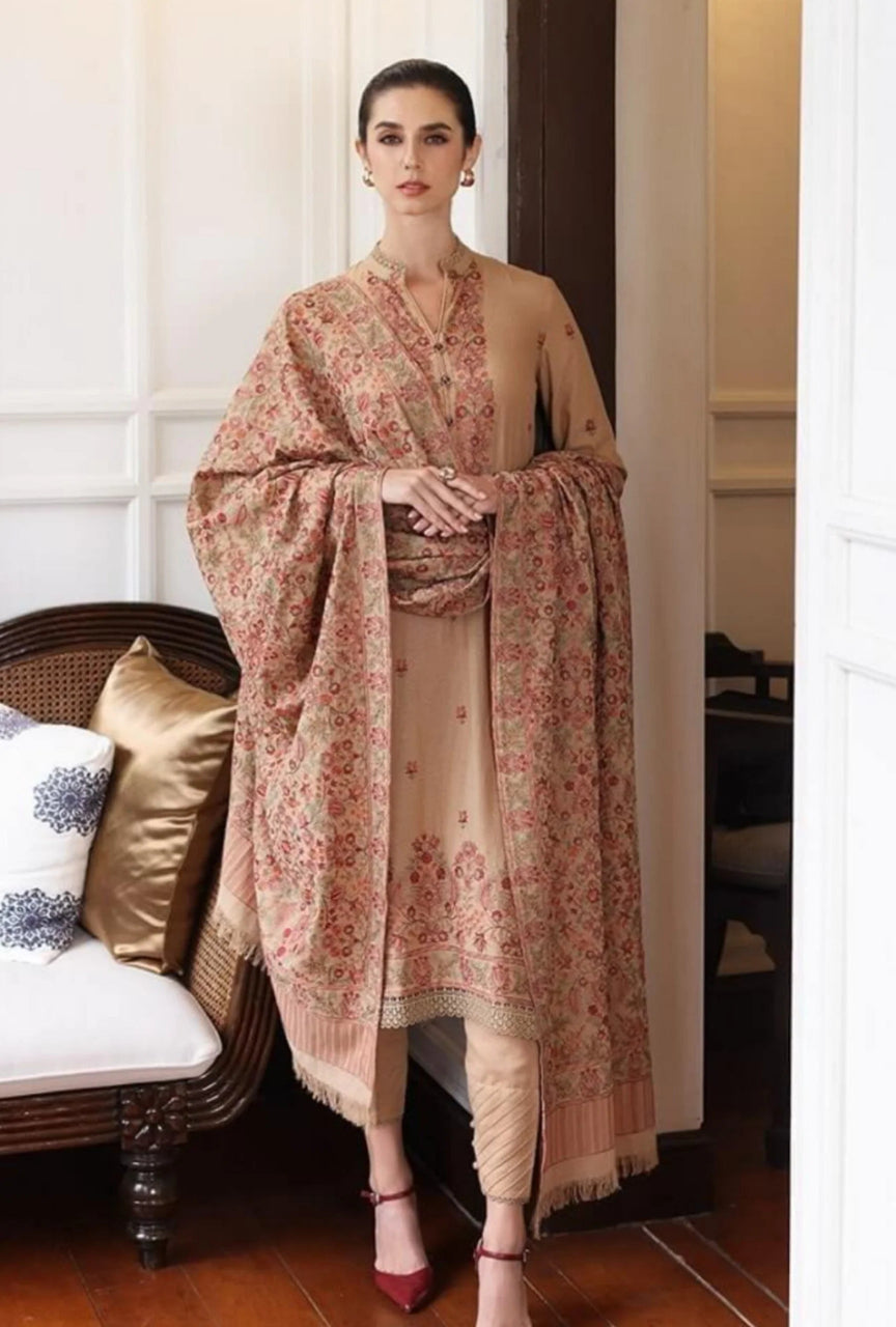 3 Piece Heavy Embroidered Dhanak Wool Suit ( Heavy Embroidered Wool Shawl )