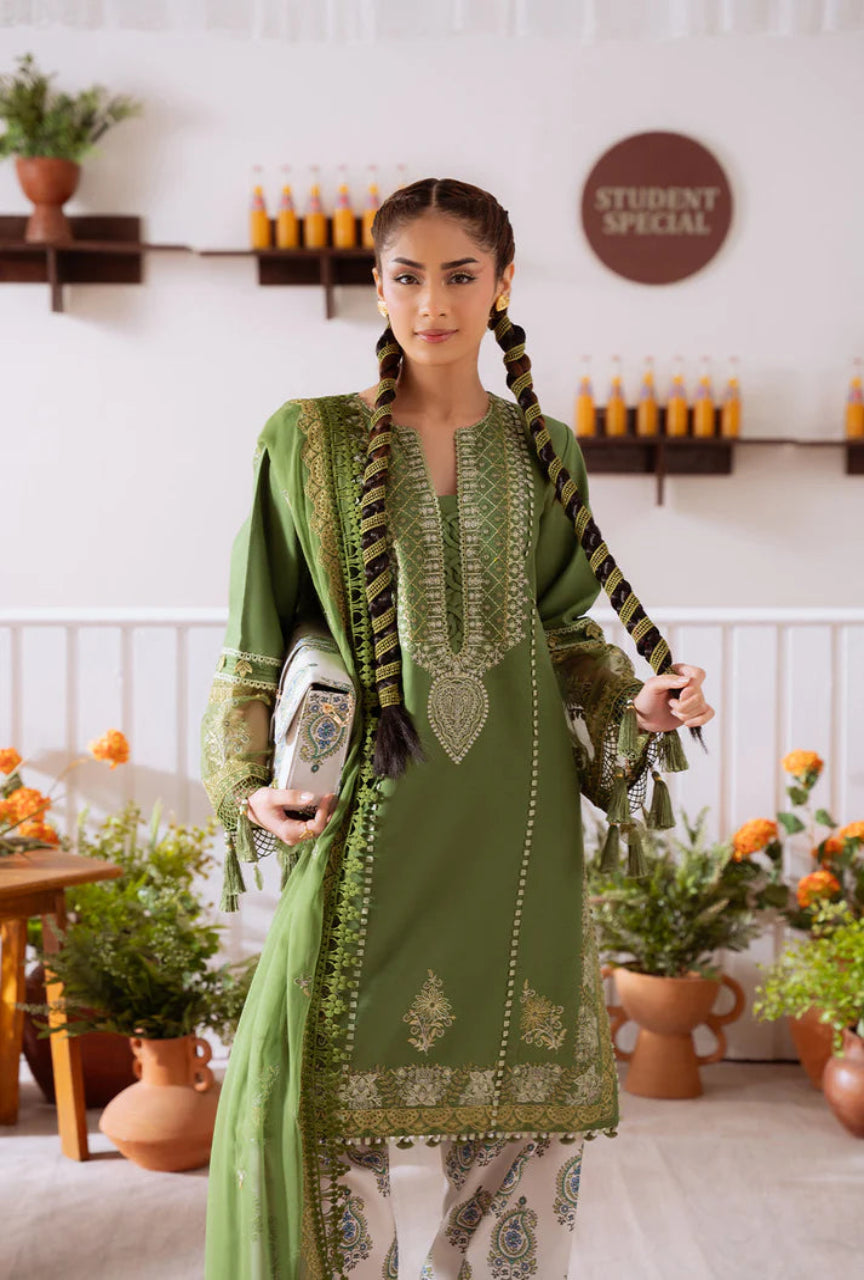 Unstitched 3 Piece Embroidered Lawn Suit With Cotton Net 4 Sided Dupatta