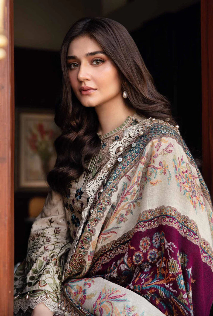 Unstitched 3 Piece Fully Embroidered Dhanak Suit with Printed Woolen Shawl