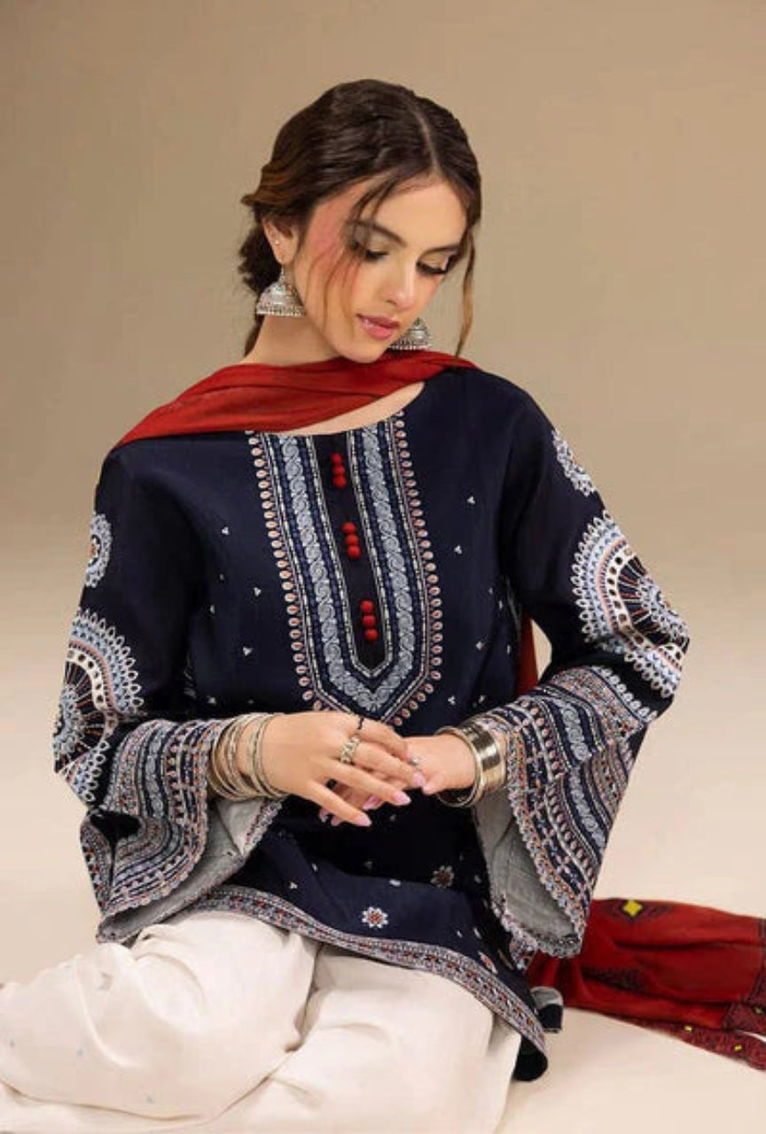 Unstitched 3 Piece Fully Embroidered Dhanak Suit with Printed Monar Dupatta