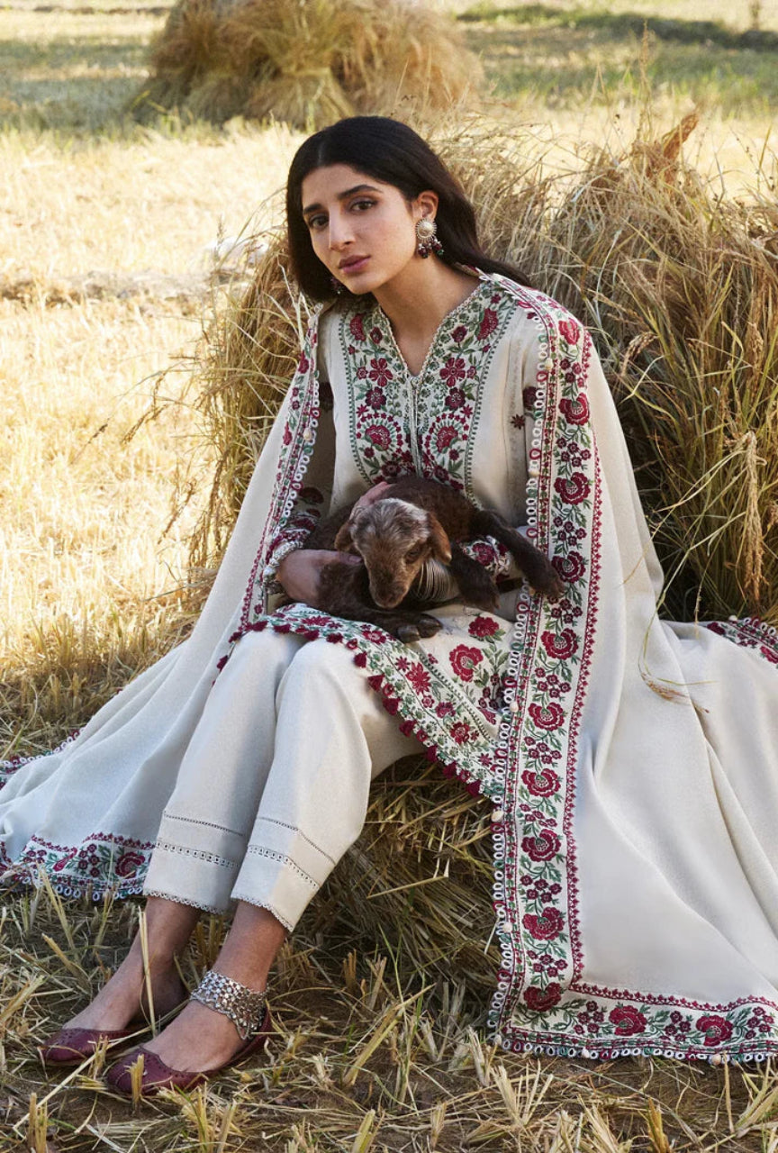 Unstitched 3 Piece Fully Embroidered Dhanak Suit with Embroidered Dhanak Shawl