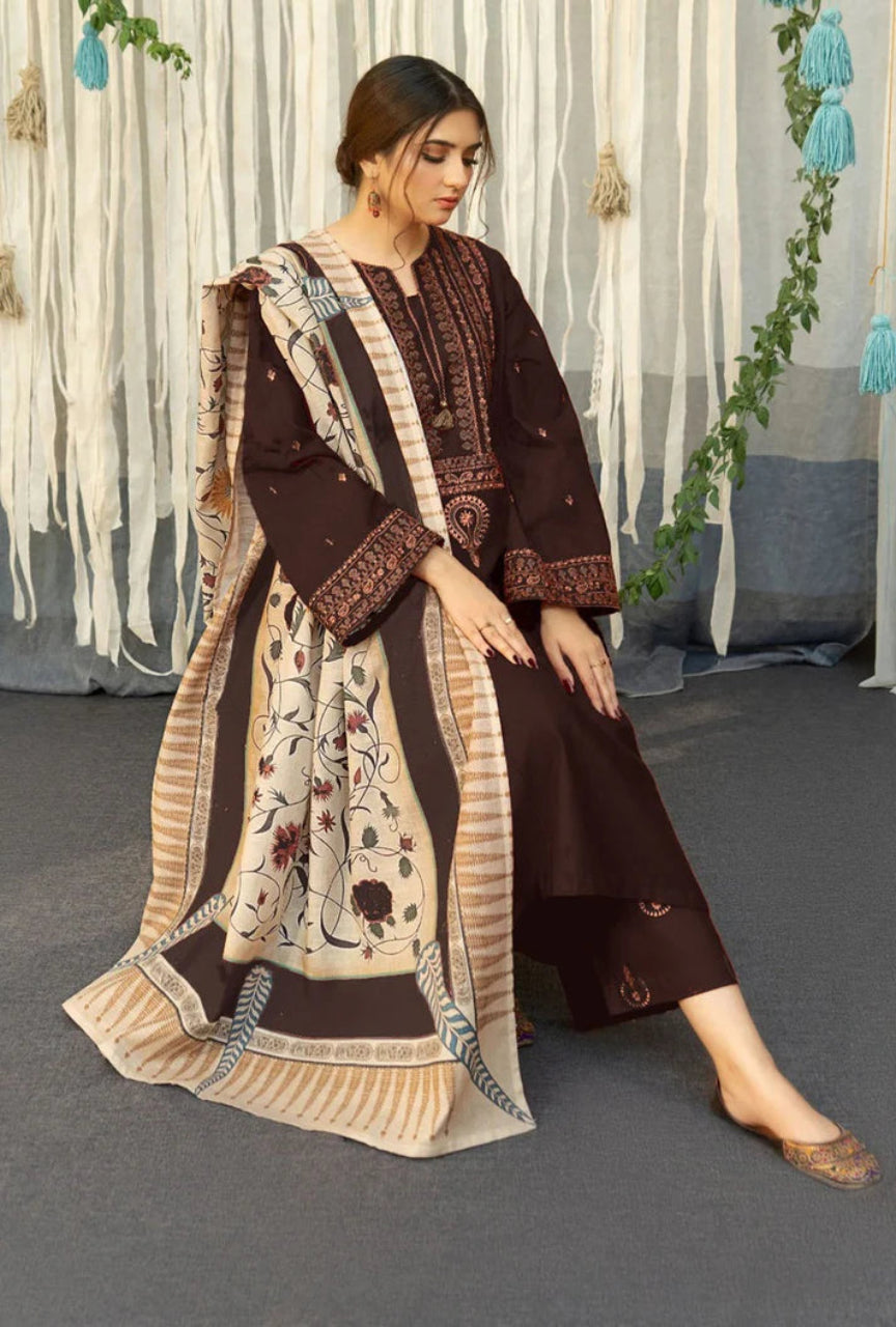 Unstitched 3 Piece Fully Embroidered Dhanak Suit with Printed Dhanak Shawl