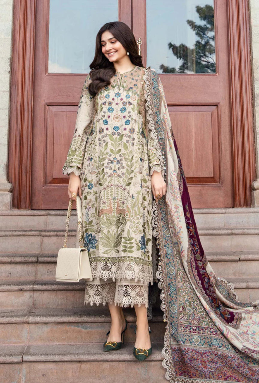 Unstitched 3 Piece Fully Embroidered Dhanak Suit with Printed Woolen Shawl