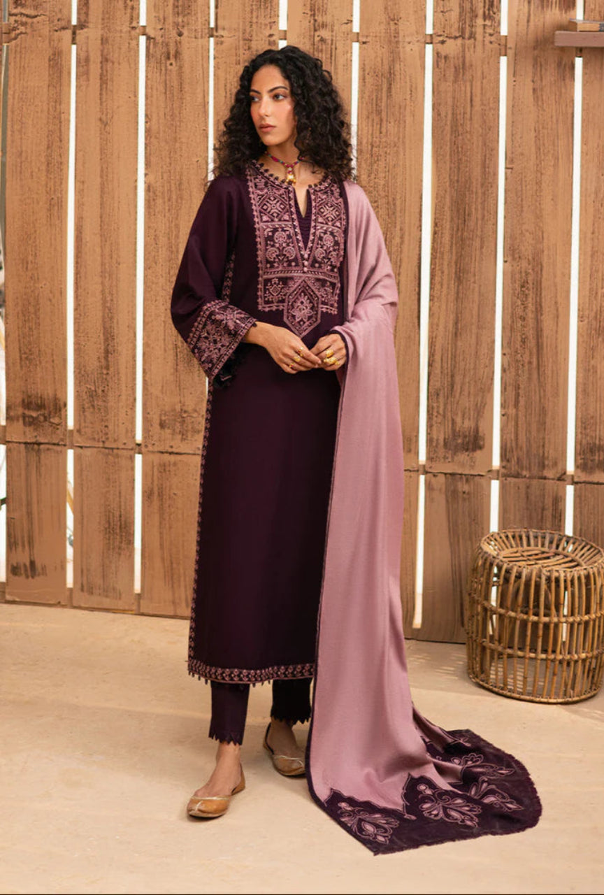 Unstitched 3 Piece Embroidered Dhanak Suit with Embroidered Dhanak Shawl